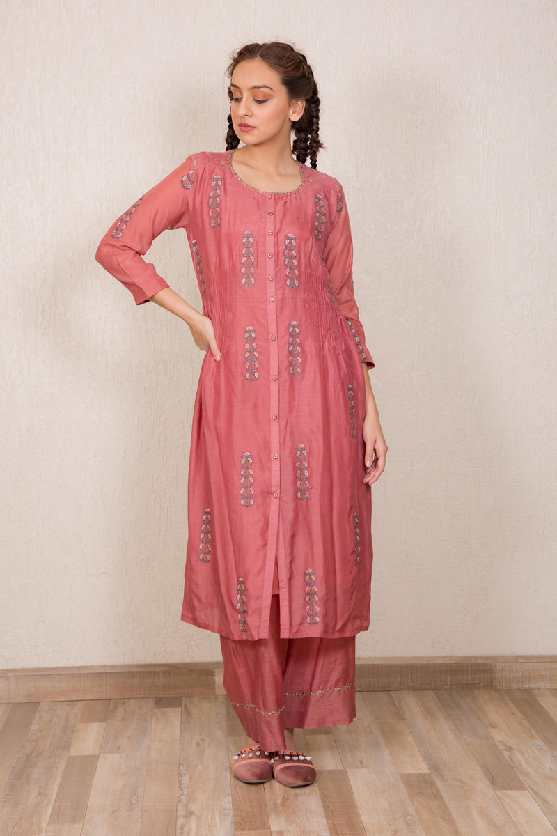 Dusty Pink Straight Kurta With Side Tucks And Pants