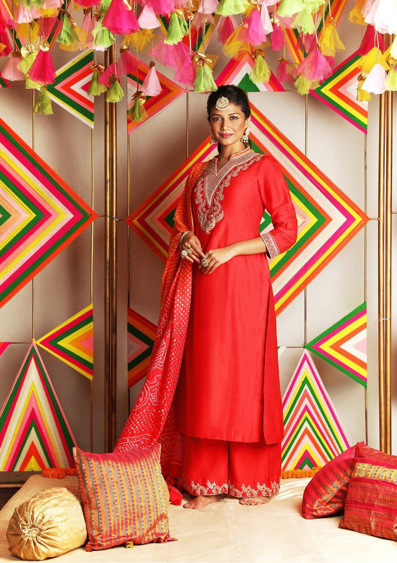 Red Embridered kurta with ijaar pants and bandhni dupatta - Fashion Edit India