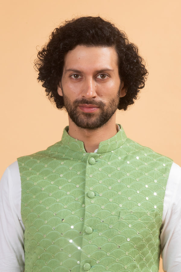 Set of 3 - Safeda Cotton Kurta & Pyjama with Olive Green Nehru Jacket –  TJORI