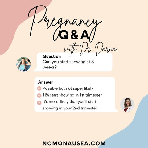 Can you start showing at 8 weeks? Pregnant patient asks in a chat box:  Pregnancy Q & A with Dr. Darna. Doctor answers telemedicine chat bot with pink, blue, and white box colors: •	Possible but not super likely •	11% start showing in 1st trimester •	It's more likely that you'll start showing in your 2nd trimester It's possible but not very likely. Through research I've found that 11% of women start to show at some point during their 1st trimester!