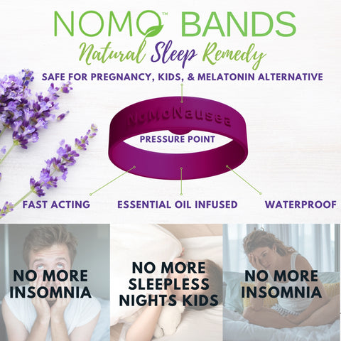 Natural sleep remedy with pictures of No More Drowsiness, No More Sleepless Nights, and No More Insomnia. Lavender flower infused acupressure sleep bracelet with all of the benefits displayed. NoMo Sleepless Nights is the only natural way to go to sleep faster and stay asleep longer. Our 3:1 lavender essential oil infused sleep pressure wristband helps calm the mind and drift off to sleep 20 minutes faster. When placed at the sleep acupressure point, this sleep bracelet increases the amount of melatonin your body naturally makes. Melatonin is the bodies sleep hormones so with our sleep bracelet technology it will keep you asleep 1.5 longer. Because it’s natural, NoMo Sleepless Nights can be use in conjunction with any medically prescribed sleep medication but when used consistently, will help wean your body from needing prescribed sleep meds that make you groggy the next day. Invented by a doctor for PTSD soldiers who couldn’t sleep, and clinically tested, you won’t be upset if your child or you get a few extra zzz’s every night. NoMo Sleepless Nights, “good night makes for a great morning.