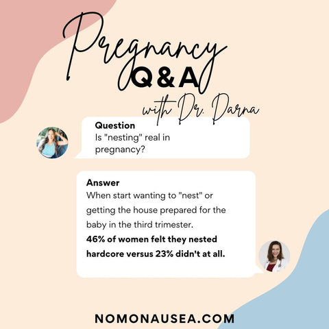 Does everyone go thru nesting in pregnancy Pregnant patient asks in a chat box:  Pregnancy Q & A with Dr. Darna. Doctor answers telemedicine chat bot with pink, blue, and white box colors: When start wanting to "nest" or getting the house prepared for the baby in the third trimester. 46% of women felt they nested hardcore versus 23% didn't at all.