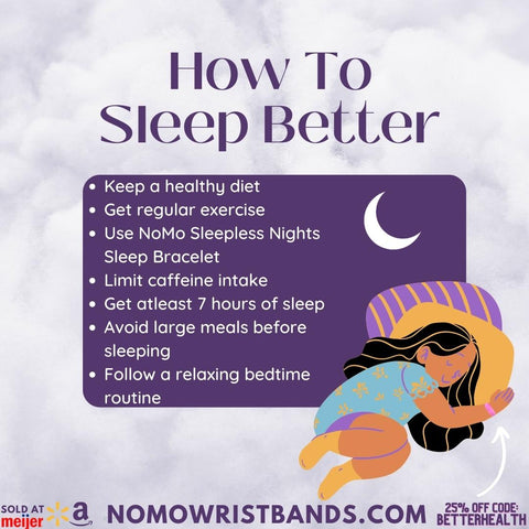 How to sleep better with little girl sleeping on far right side. Buy NoMo Sleepless Nights a sleep bracelet to put you off to sleep faster and keep you asleep longer. Buy now at NoMoWristbands.com or at walmart, meijer, or amazon. : Keep a healthy diet Get regular exercise Use NoMo Sleepless Nights Sleep Bracelet Limit caffeine intake Get atleast 7 hours of sleep Avoid large meals before sleeping Follow a relaxing bedtime routine