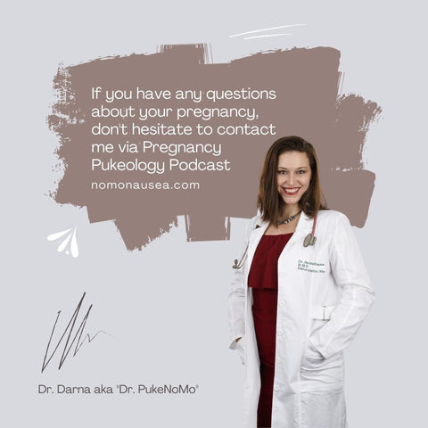 Pregnancy doctor Dr. Darna in white lab coat with stethoscope around neck explaining she can help answer pregnancy questions with a Q&A or question answer session to contact her via Pregnancy Pukeology Podcast