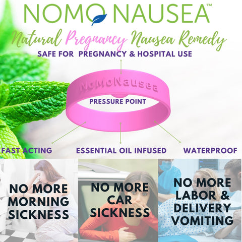 How to get rid of morning sickness: NoMo Nausea Natural pregnancy nausea remedy. Pink acupressure wristband with peppermint leaves due to the infusion of peppermint oil explaining safe for morning sickness, kids, and hospital use. At the bottom 3 photos one of a pregnant woman with upset stomach that says No more morning sickness, the second photo a woman puking out of a car window saying no more car sickness, and a woman delivering in the operating room stating no more labor and delivery vomiting