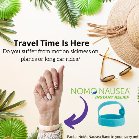 Best anti-nausea wristbands for motion sickness relief called NoMo Nausea - essential oil infused acupressure bands that stop nausea in 30 seconds.