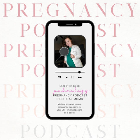 Best pregnancy podcast called Pukeology with doctor Darna inside a podcast play button on a cell phone to get the best pregnancy information all in one place. Multicolored pregnancy podcast behind the cell phone with the pregnant doctor behind it. 