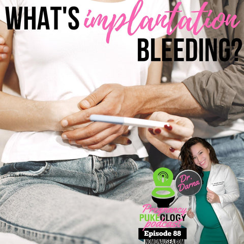 A pregnant couple holding her belly and a pregnancy test, while Dr. Darna, our celebrity podcast doctor, explains implantation bleeding. Implantation bleeding refers to light spotting or discharge that can occur when a fertilized egg attaches itself to the lining of the uterus during early pregnancy. Dr. Darna offers expert insights on this phenomenon, highlighting its normalcy and reassuring listeners that it is typically a harmless occurrence. The image captures the couple's engagement, emphasizing the informative nature of the podcast and Dr. Darna's expertise in addressing common pregnancy concerns. When does morning sickness start? Dr. Darna, inventor of NoMo Nausea pregnancy bracelet describes how NoMoNausea.com can help in the Best Pregnancy Podcast Pukeology.