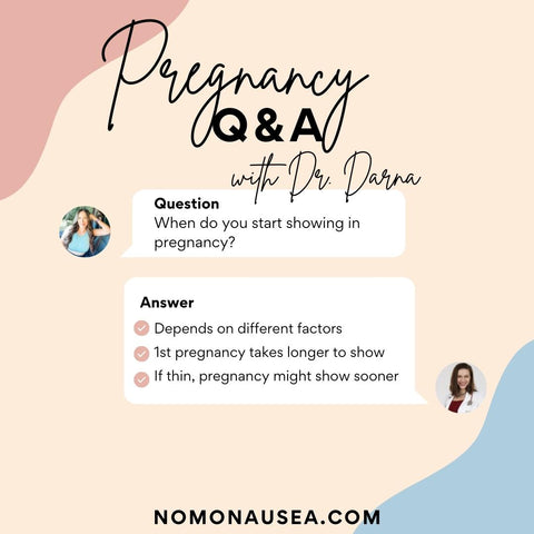 When does a baby bump first start to show? Pregnant patient asks in a chat box:  Pregnancy Q & A with Dr. Darna. Doctor answers telemedicine chat bot with pink, blue, and white box colors: •	11% start showing in 1st trimester •	74% start showing in 2nd trimester •	13% start showing in 3rd trimester •	2% say they never looked pregnant Most women, 74% will start to show during the 2nd trimester. 38.1% in the first half of the 2nd trimester 36.5% in the second half of the 2nd trimester