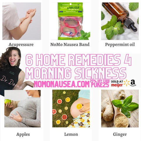 Home remedies for morning sickness. How to get rid of morning sickness? NoMo Nausea Natural pregnancy nausea remedy. Pink acupressure wristband with peppermint leaves due to the infusion of peppermint oil explaining safe for morning sickness, kids, and hospital use. Dr. Darna, inventor of NoMo Migraine describes how NoMoMigraine.com can help determine the difference and natural headache and migraine remedies that work. NoMo Nausea, a morning sickness relief bracelet, is 25% off with code PUKE25.