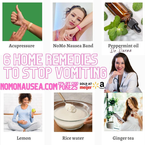 Home remedies for vomiting. Dr. Darna inventor of NoMo Nausea 3:1 vomiting relief bracelet using peppermint essential oil and motion sickness pressure point technology. Buy on NoMoNausea.com or walmart, meijer, or amazon