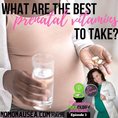 What are the best prenatal vitamins to take? Best Pregnancy Podcast Pukeology Episode 3 - shows pregnant woman with vitamins in her hand wondering What are the best prenatal vitamins to take? How to get rid of morning sickness? NoMo Nausea Natural pregnancy nausea remedy. Dr. Darna, inventor of NoMo Nausea pregnancy bracelet describes how NoMoNausea.com can help show clinically tested morning sickness remedies that work. NoMo Nausea, a morning sickness relief bracelet, is 25% off with code PUKE25 on website NoMoNausea.com or buy at walmart, amazon, or meijer grocery store.