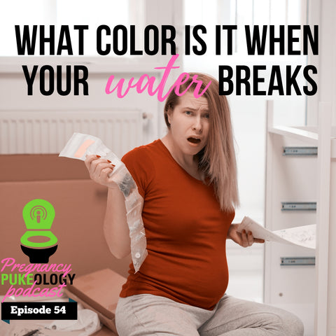 What color is it when your water breaks?  Image of a pregnant woman sitting at home, wearing a confused expression, accompanied by our pregnant doctor and pregnancy podcast host as they answer the question, 'What color is it when your water breaks?' Gain expert insights and clarity on the color variations that may occur when the amniotic sac ruptures during pregnancy. This image captures the curiosity and uncertainty associated with this topic, inviting listeners to explore the informative discussion offered by the knowledgeable hosts.
