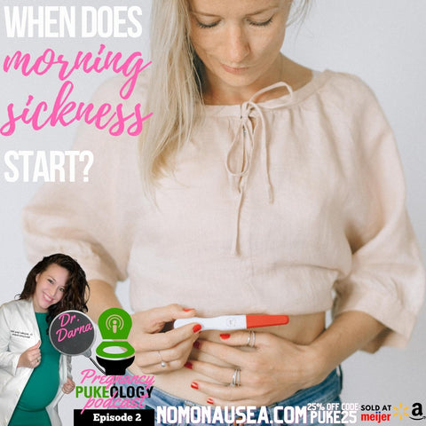 When does morning sickness start? Best Pregnancy Podcast Pukeology Episode 2 - shows couple with pregnancy test and the woman wondering what is morning sickness like. How to get rid of morning sickness? NoMo Nausea Natural pregnancy nausea remedy. Dr. Darna, inventor of NoMo Nausea pregnancy bracelet describes how NoMoNausea.com can help show clinically tested morning sickness remedies that work. NoMo Nausea, a morning sickness relief bracelet, is 25% off with code PUKE25 on website NoMoNausea.com or buy at walmart, amazon, or meijer grocery store.
