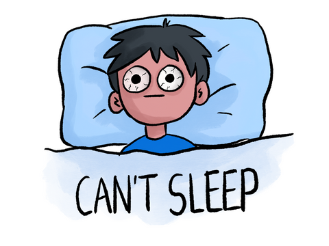 cartoon drawing of man with bloodshot eyes with words "can't sleep" 