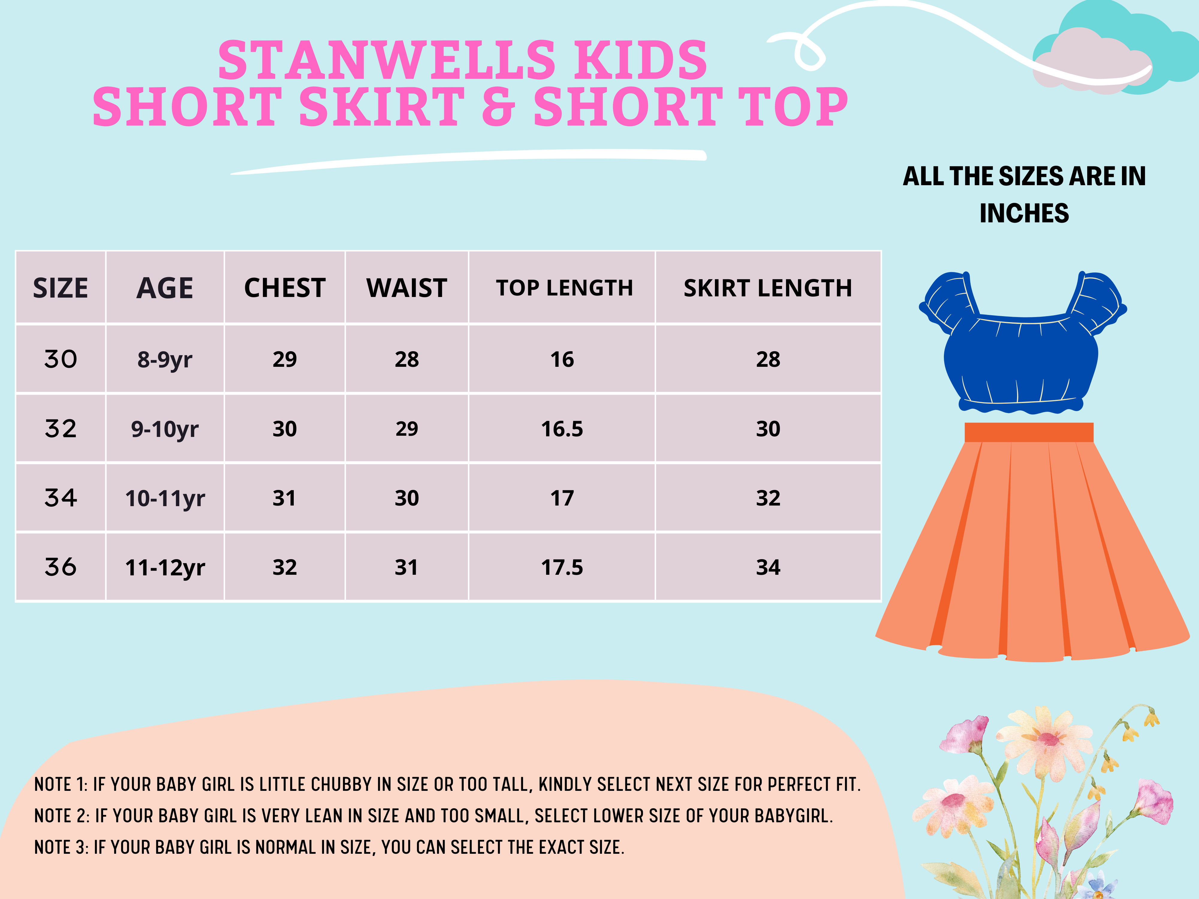 short skirt & Short top big size girls 30-36 size chart kids stanwells kids