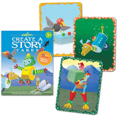 Robot Mission Create a Story Box and 3 cards showing a robot bird, and underwater robot dog and a large robot carrying a crate