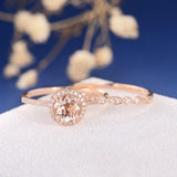 18k Morganite Ring Set Rose Gold Engagement Ring Diamond Halo Wedding Band Women Art Deco Bridal Sets Eternity Stacking Anniversary Promise 2pcs