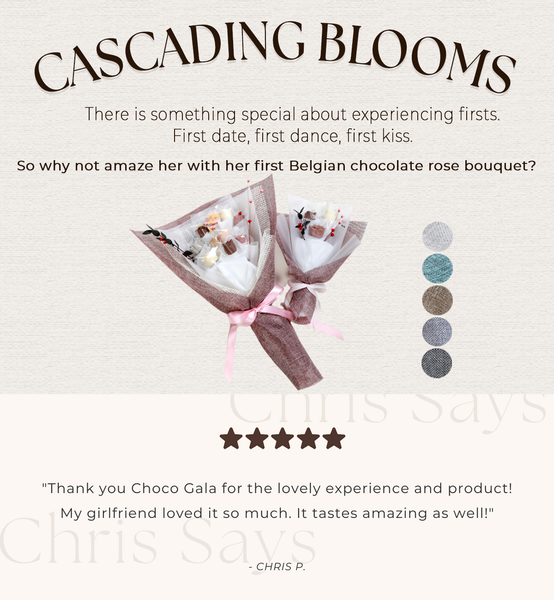 Cascading Blooms is a beautiful chocolate rose bouquet arrangement with 3 different sizes. 