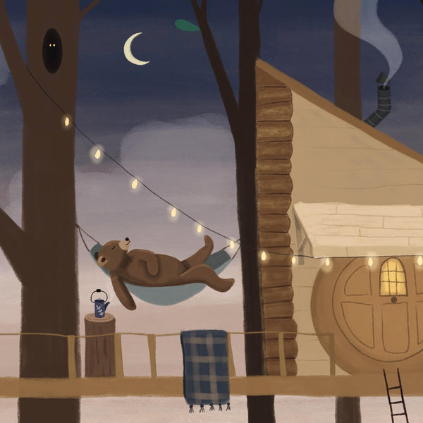 painting of bear sleeping in a hammock in tree house on fall evening