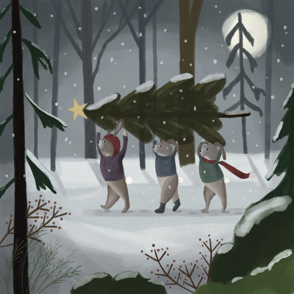 painting of 3 rabbits carrying christmas tree through snowy forest in the moonlight