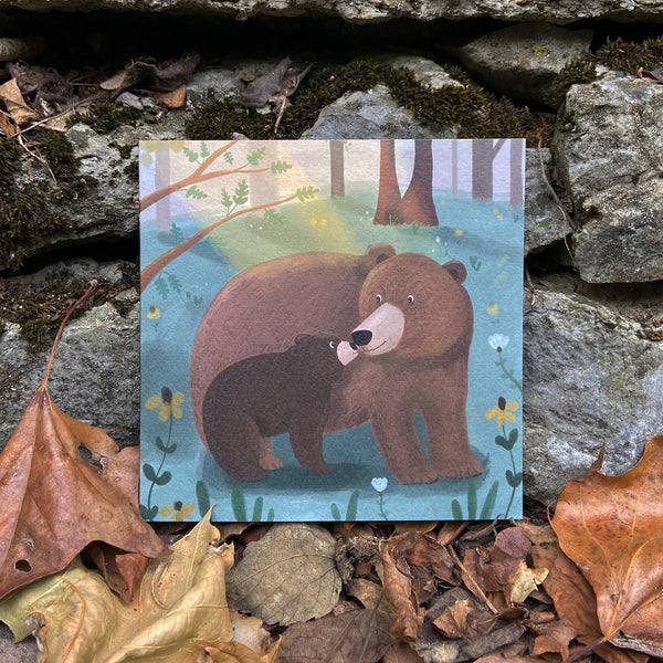 mom and baby bear in the forest greeting card