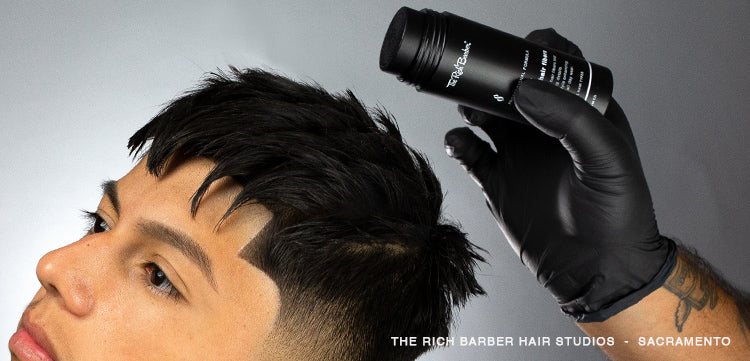 The Rich Barber N'hance Hair Fibers for Aging Hair, Receding Hairlines, Patchy Hair Growth, The Rich Barber with a Client in Sacramento, California