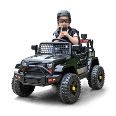 girl in police costume driving kids electric police swat car