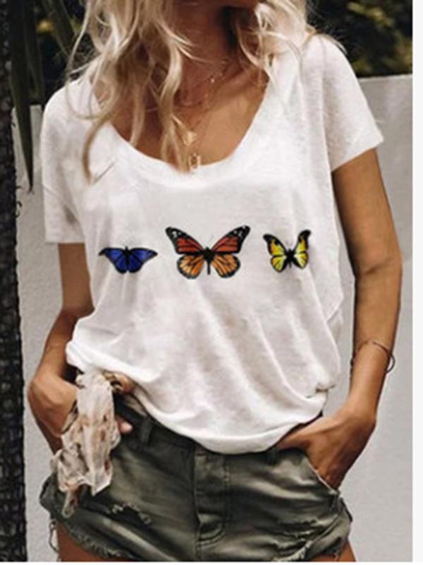 Sheychic Schmetterling Rundhals Kurzärm Locker Damen Mode T-Shirt