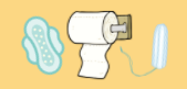 Images of a menstrual pad, roll of toilet paper and a tampon, on a yellow background