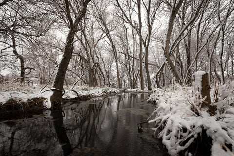 view of still water in winter setting with snow on the ground