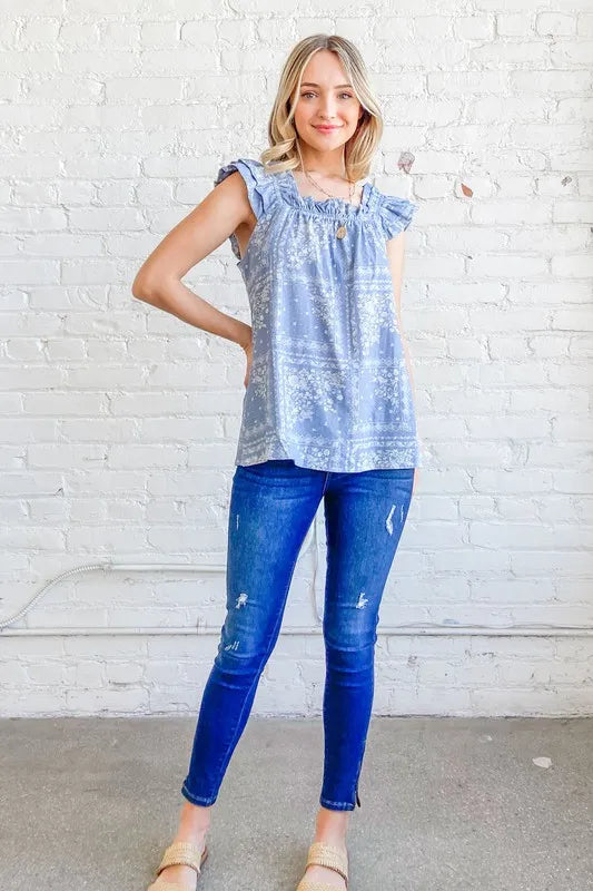 And The Why Boho Print Rayon Linen Ruffle Baby Doll Tank Top
