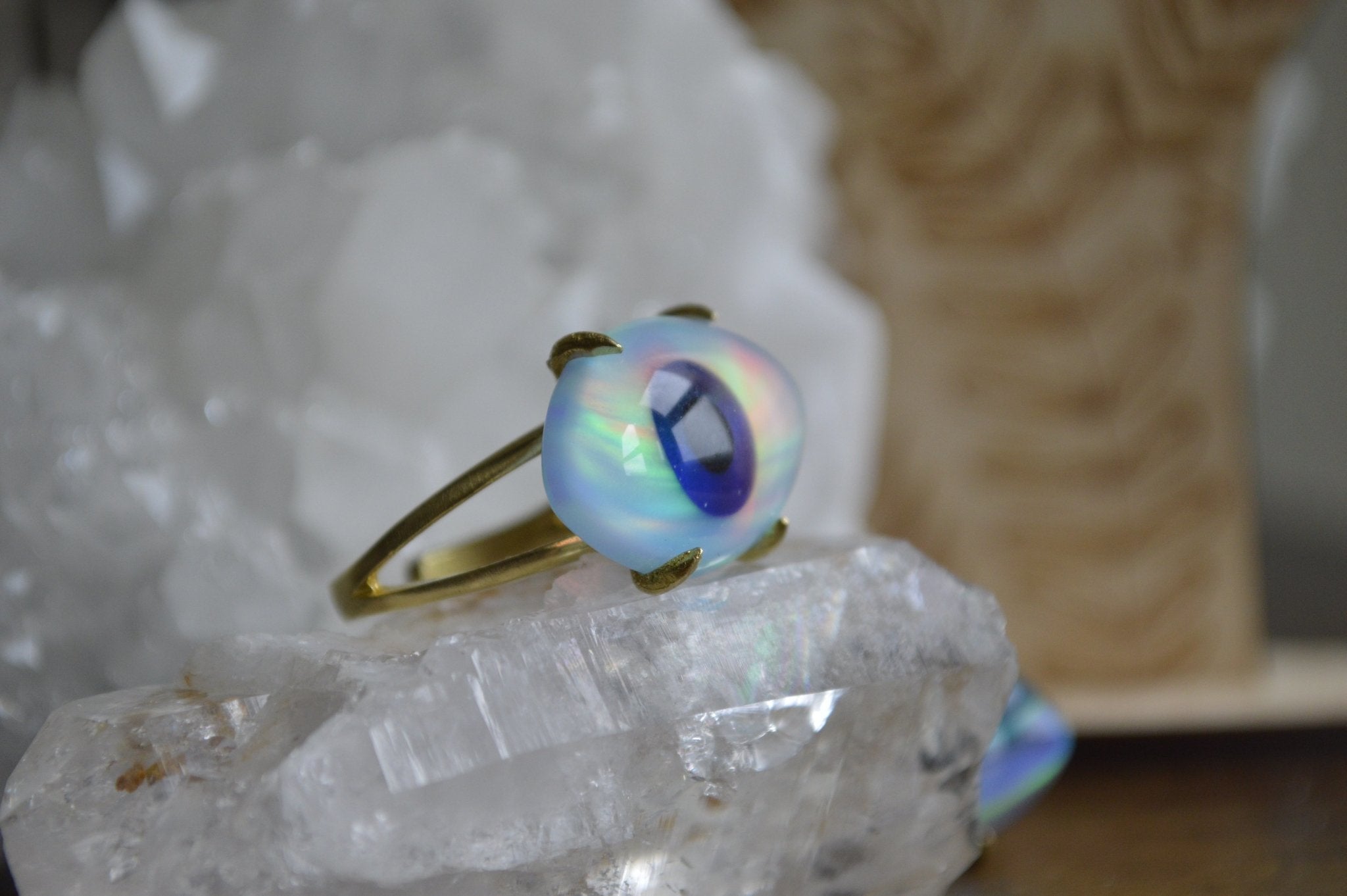 Quartz and White Aura Opal Evil Eye Brass Ring – We Love Brass