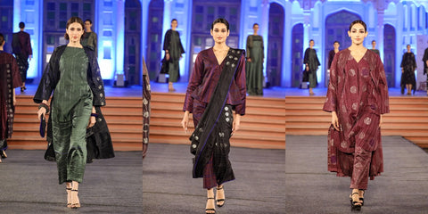 "Three looks from Karomi's fashion show, each a masterpiece of experimental Jamdani design. A harmonious blend of tradition and modernity, these ensembles showcase the brand's commitment to sophisticated elegance and craftsmanship."