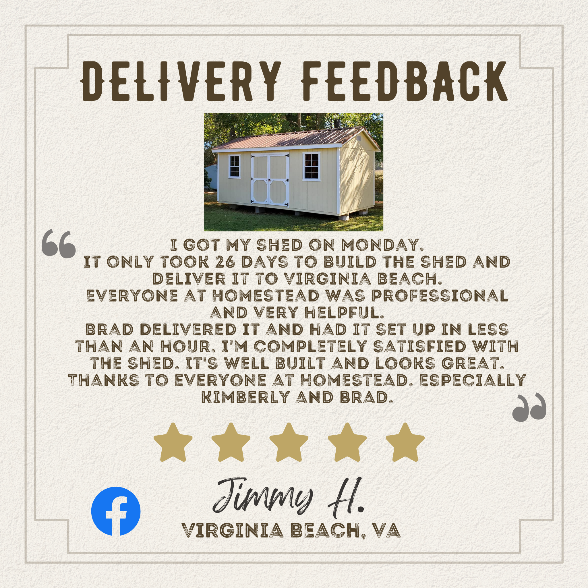 Homestead Buildings & Sheds Shed Wranglers Delivery & Setup - Customer Facebook Review