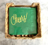 Cheers Napkins in Woven Rattan Tray