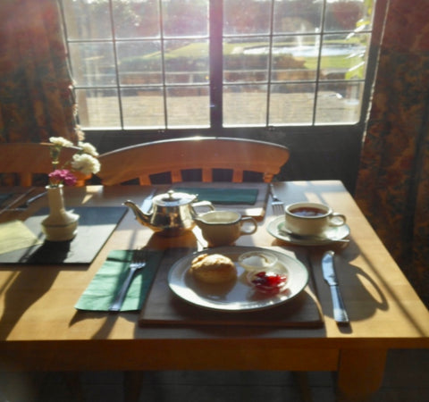 A table in front of a window set with a place mat and a vase of flowers. A scone is on a plate with jam and clotted cream. A silver teapot is behind the scone, along with cream and a cup of black tea.