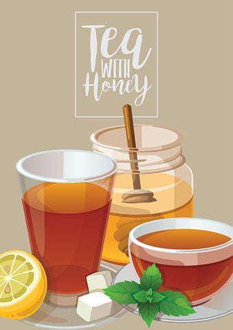 An illustration of tea in a pitcher and a glass, with a jar of honey, sugar cubes, mint leaves, and half a lemon