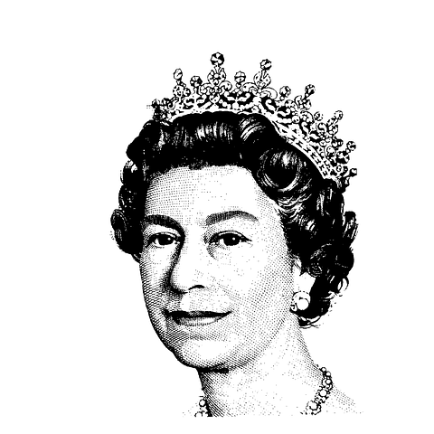 A black-and-white illustration of Queen Elizabeth II