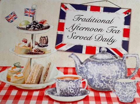 An illustration of an afternoon tea table with sandwiches, sweets, and a blue and white teacup, cup and saucer, and creamer. A sign reads 'Traditional Afternoon Tea Served Daily'.