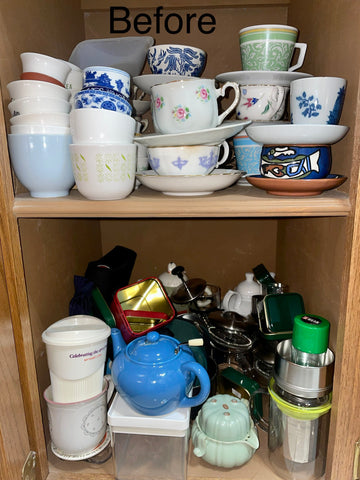 A disorganized set of tea accessories