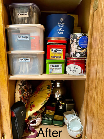 An organized tea cabinet