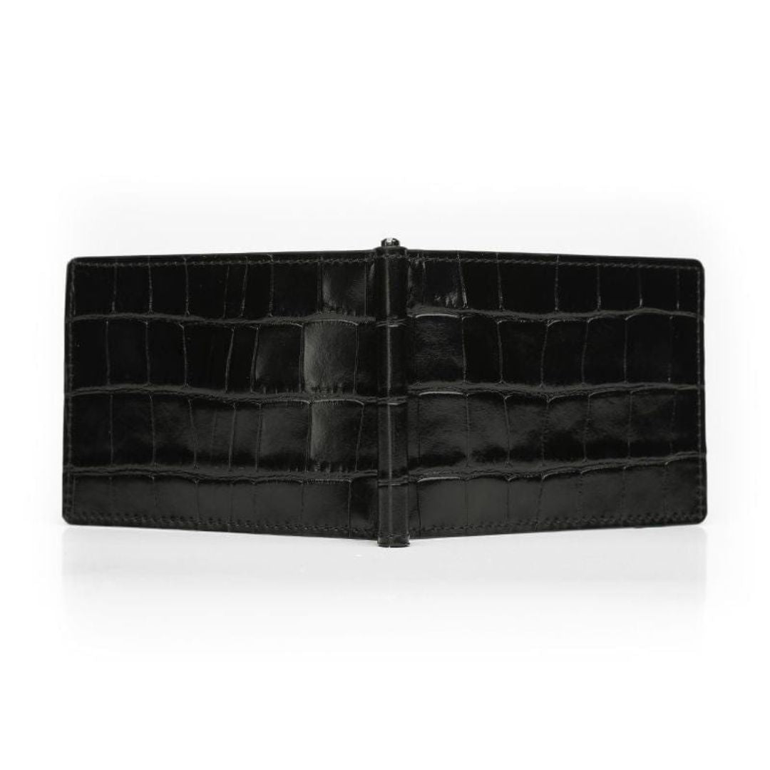 Black Glossy Leather Money Clip Wallet opens at the back into two parts.