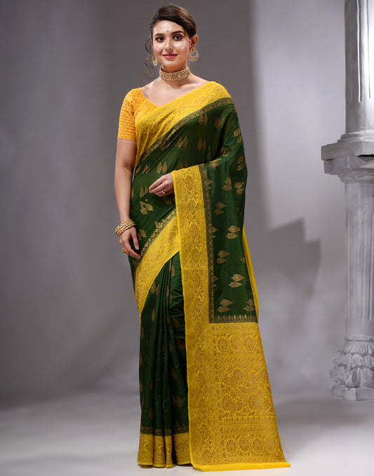 Dark Green Banarasi Silk Zari Weaved Broad Border Saree|SARV167916