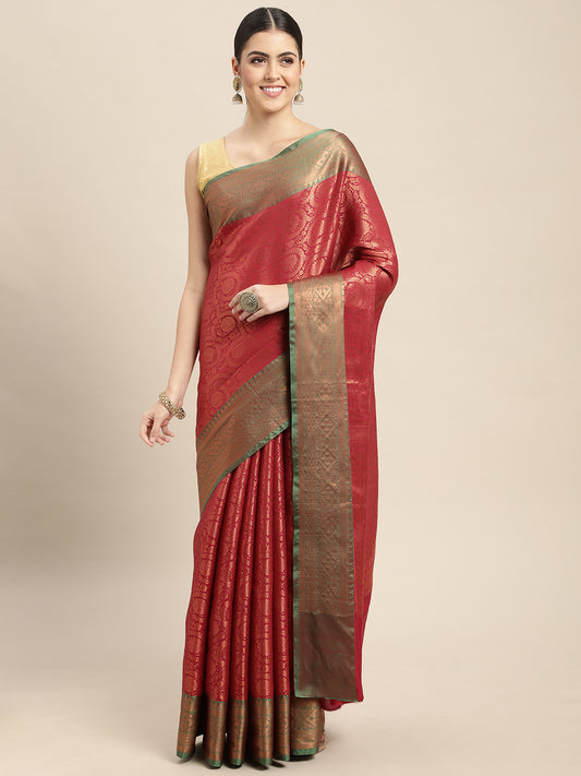 MIMOSA Women's Maroon & Copper-Toned Woven Design Zari Art Silk Kanjeevaram  Saree : Amazon.in: Fashion