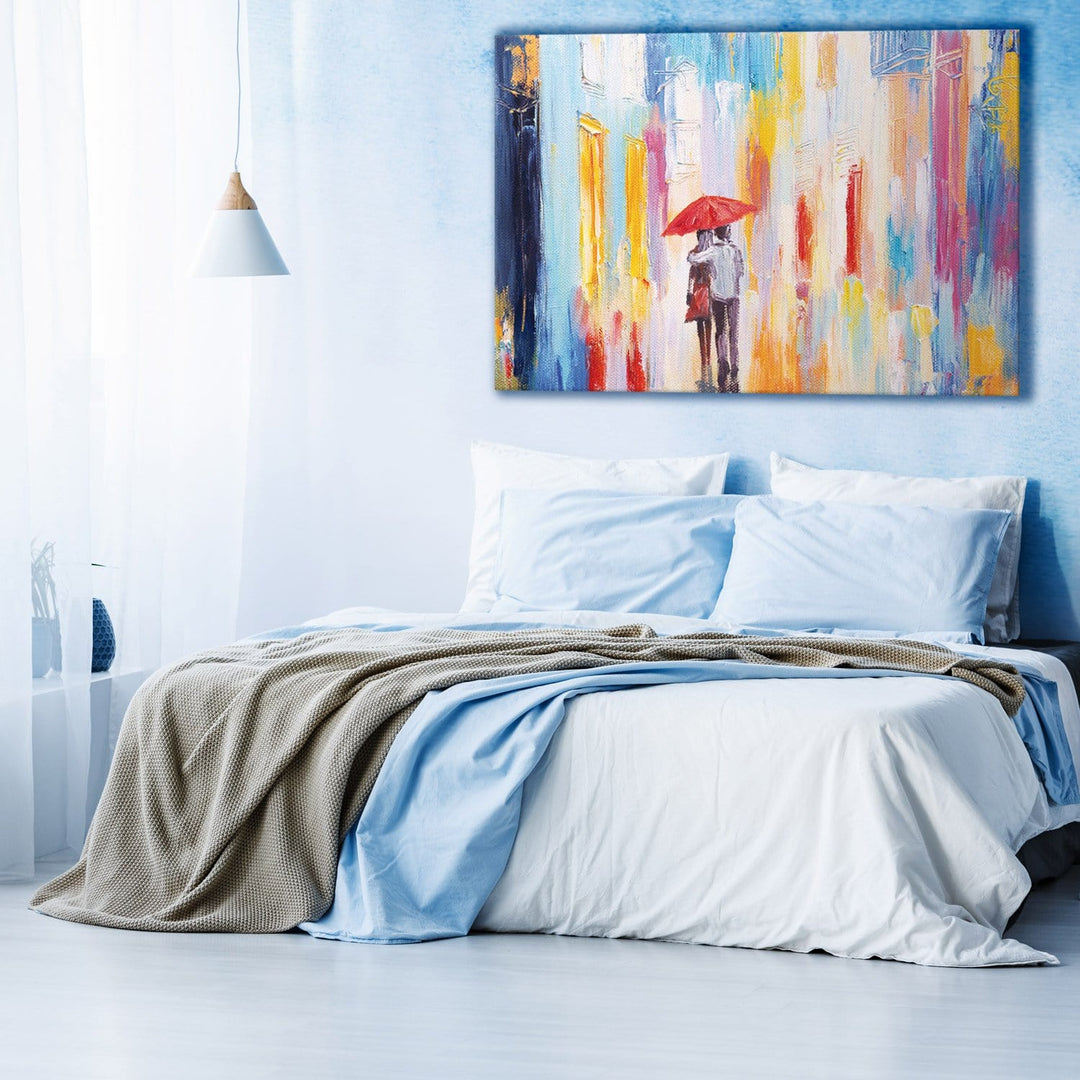 Modern art style hanging over a bedframe