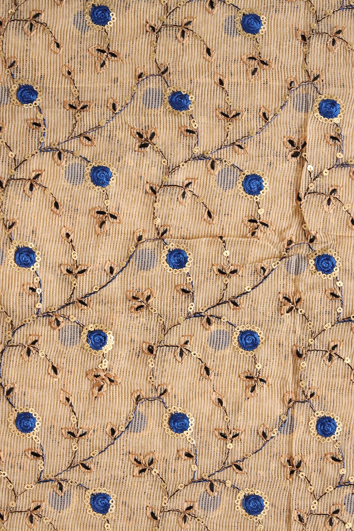 doeraa Embroidery Fabrics Gold Sequins With Royal Blue Thread Floral Embroidery On Beige Kota Doria Net Fabric