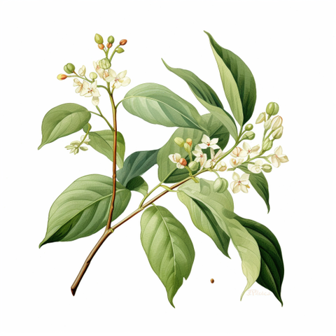 illustration of lemon myrtle plant with green leaves and white flower buds