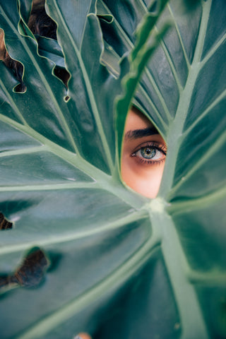 woman peeking through a big green topical leaf with a gap in between leaves