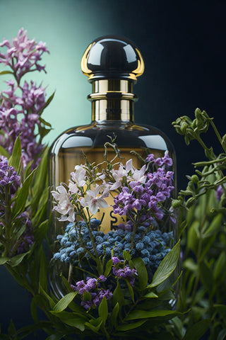 natural botanicals perfume bottle with native flowers